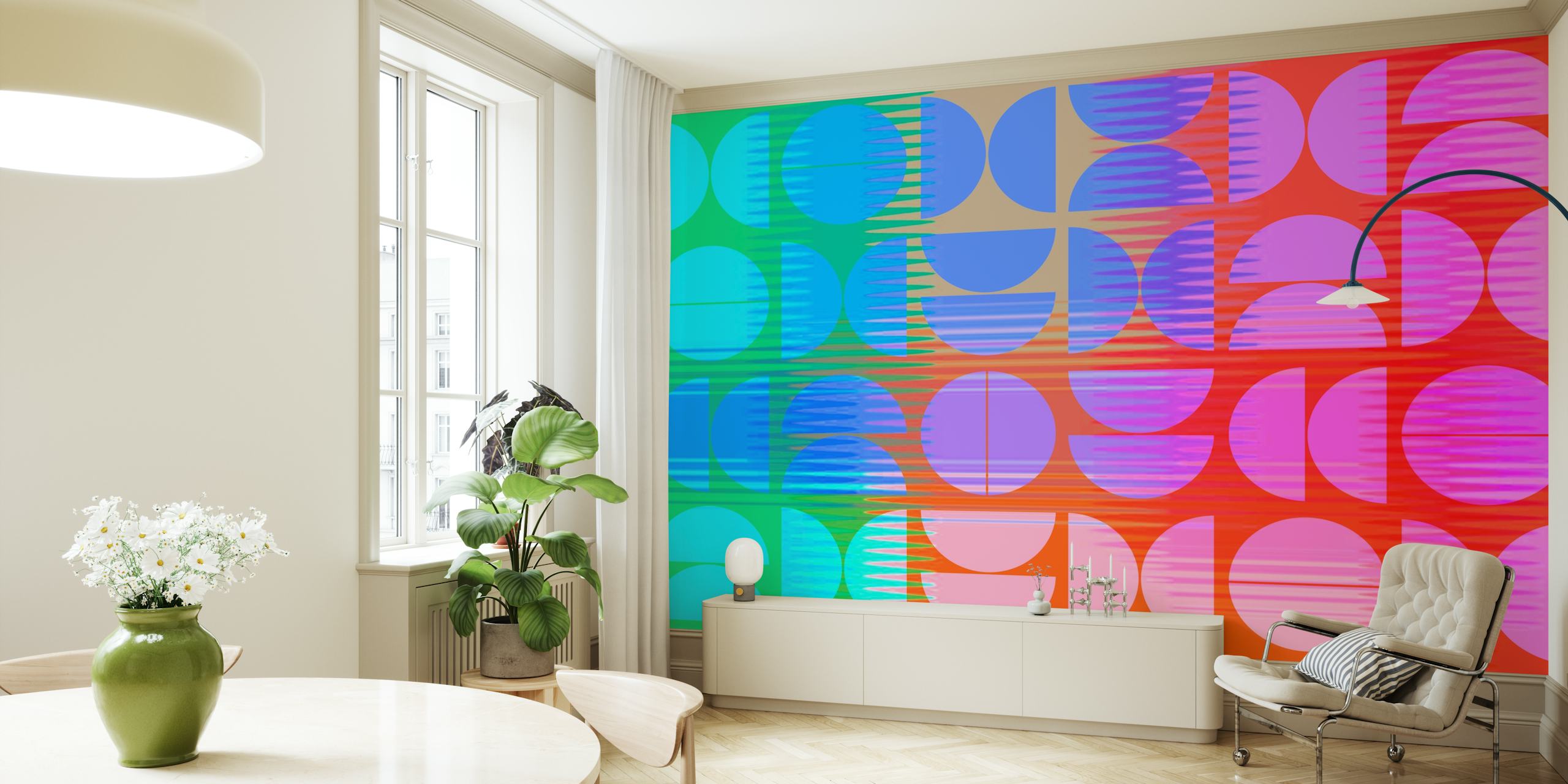 Colorful geometric shapes in blue, pink, and green wallpaper